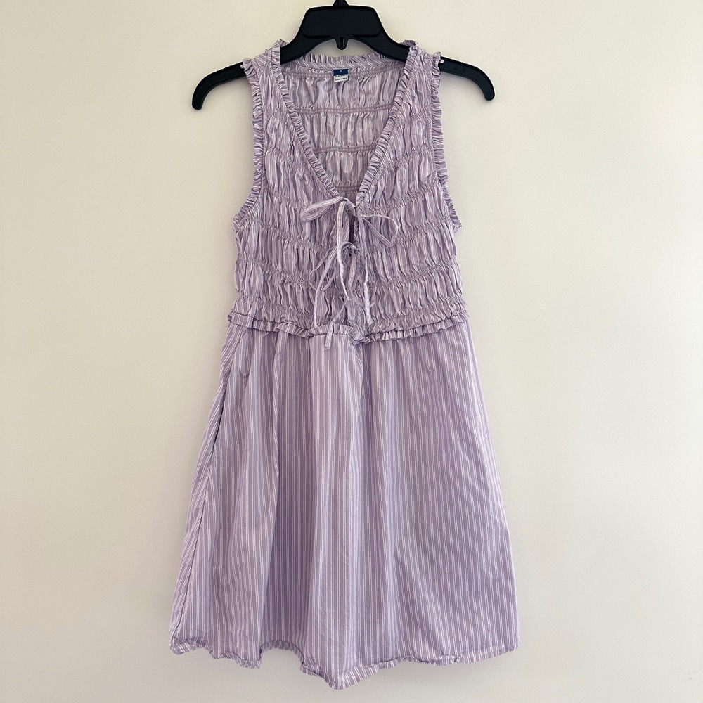 Old Navy Purple Striped Smocked Sleeveless Mini Dress Small Bow Tie Front Preppy
